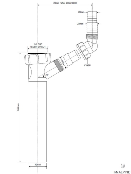 Preview: Technische Zeichnung: Tauchrohr mit Geräteanschluss 1 1/2 Zoll. Rohr Ø40 mm, Kunststoff weiß, Länge 245 mm kürzbar. Maße und Einbau-Details für die Sanitärinstallation